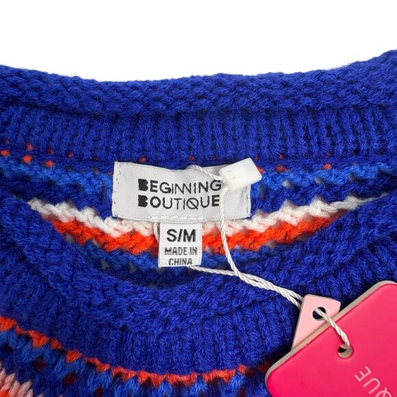 NWT Crochet Boho Granny Sweater Striped Festival Retro Beginning Boutique S/M - Picture 3 of 15